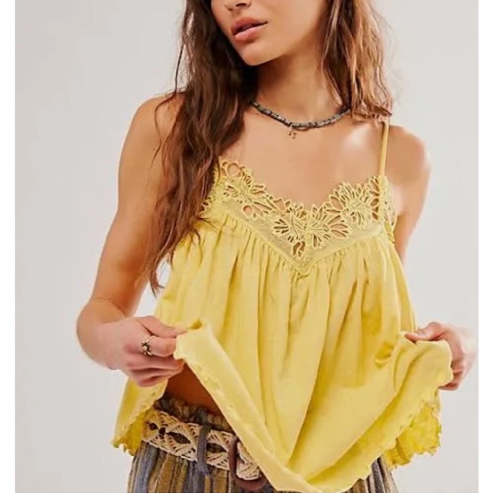 NWT Free People Kayla Tank L Pineapple Juice Boho Lace Swing Cami